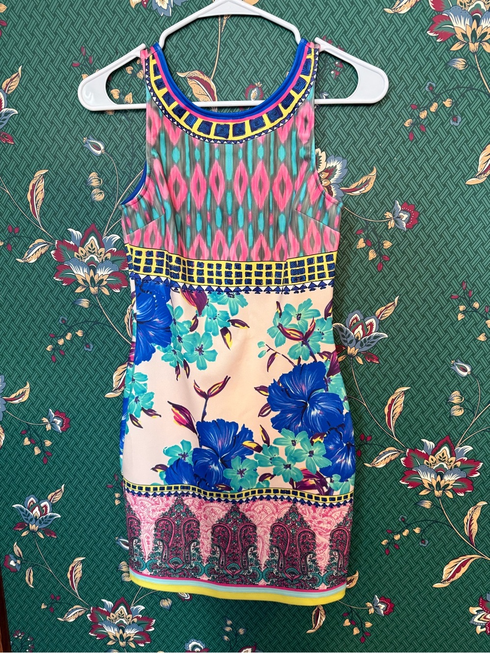 Sleeveless Floral & Ikat Mini Dress in Blue and Pink